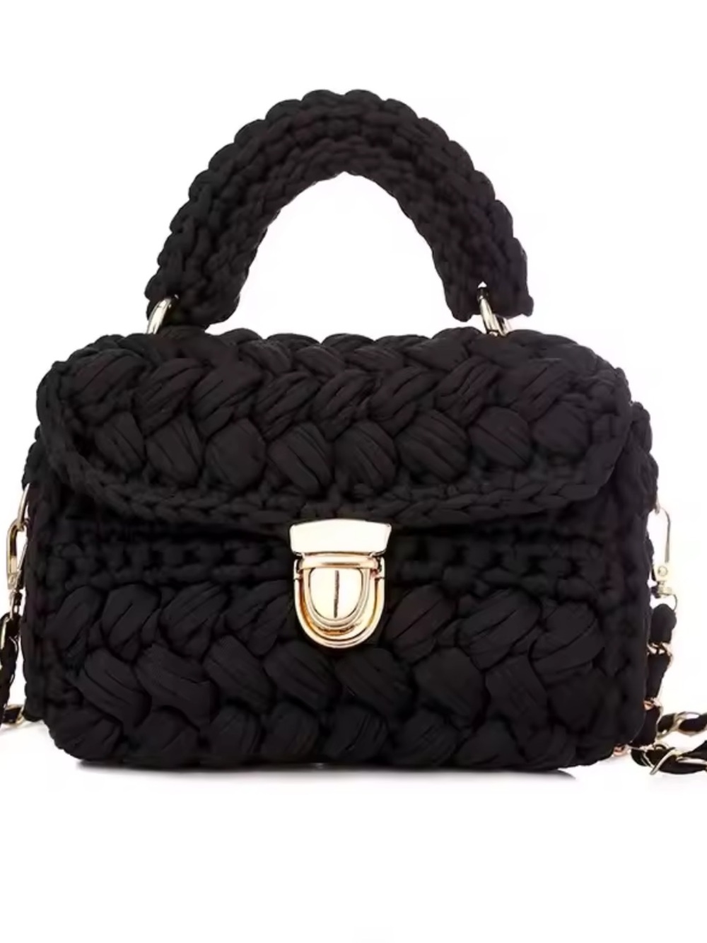 Macy's Black Braided Crochet Top-Handle Crossbody Bag with Gold Hardware